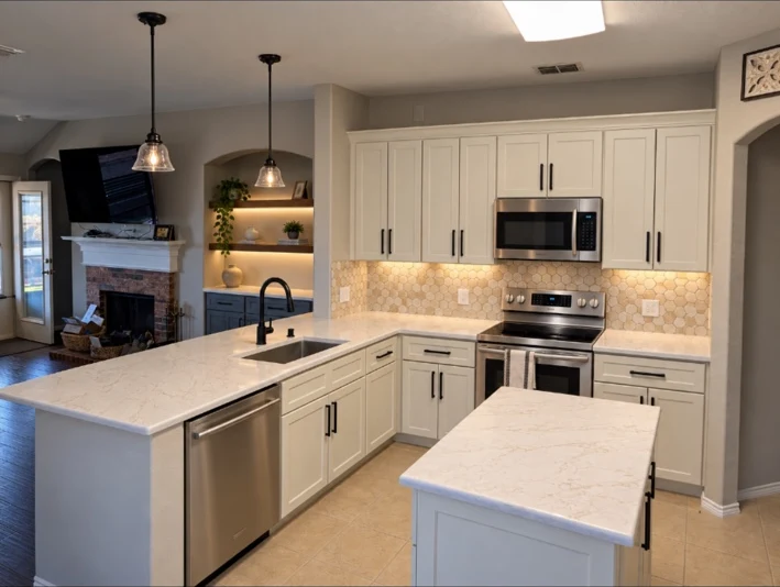 A completed kitchen remodel with white cabinets, a center island and built-in ovens